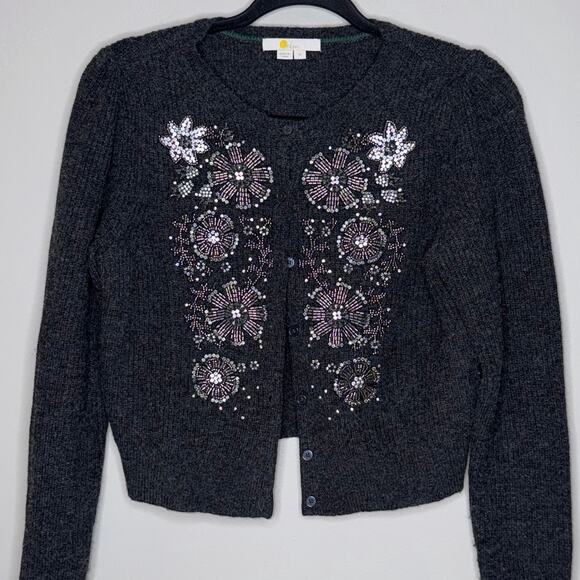 Boden Fireworks Cardigan Womens Medium Dark Gray Beaded Wool Alpaca Ribbed Crop - Picture 4 of 7